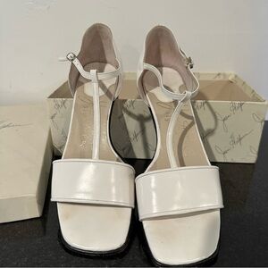 Joan Helpern white leather t-strap white sandals
